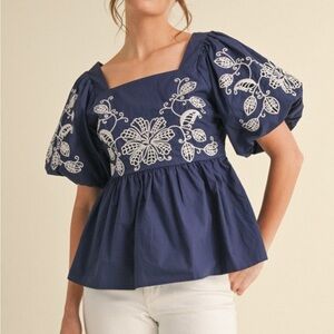 NWT JODIFL Blue and White Embroidered Puff Sleeve Peplum Blouse